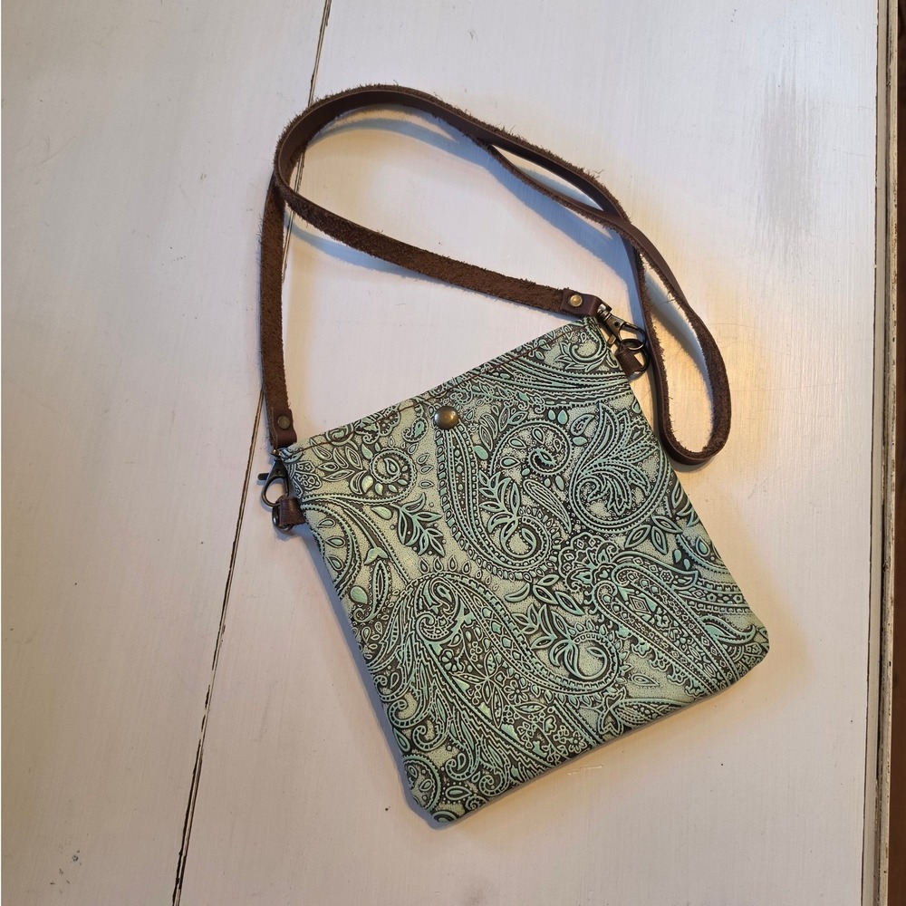 The Jewelry Junkie Leather Crossbody Bag Mint Turquoise Paisley Embossed Cowhide